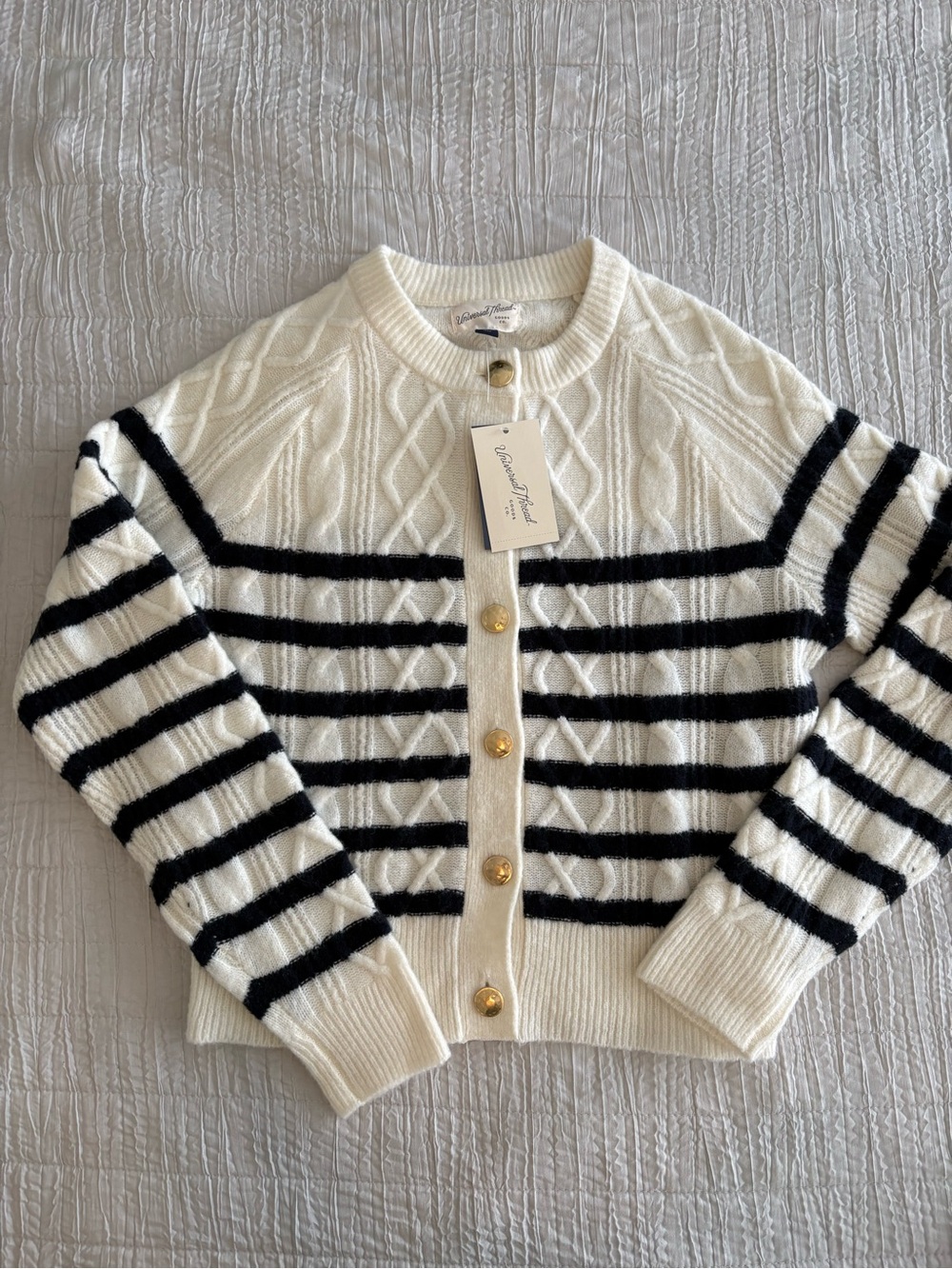 Ivory & Black Striped Cable-Knit Cardigan - Vero Moda
